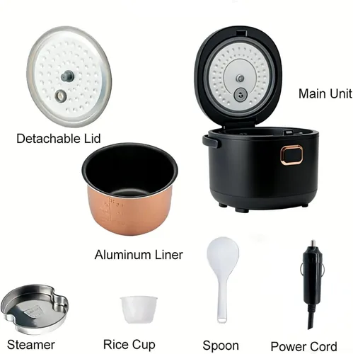 Miniatura 4 de Mini olla arrocera eléctrica de 2 litros, calentador de alimentos de 12 V/24 V, portátil, antiadherente, viaje para automóvil, camión, pequeña olla