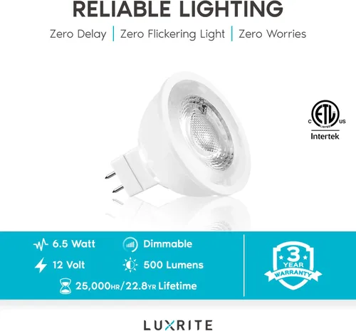 Miniatura 7 de LUXRITE Bombilla LED MR16 equivalente a 50 W, 12 V, 5000 K blanco brillante regulable, 500 lúmenes, bombilla LED GU5.3 de 6.5 W, clasificación