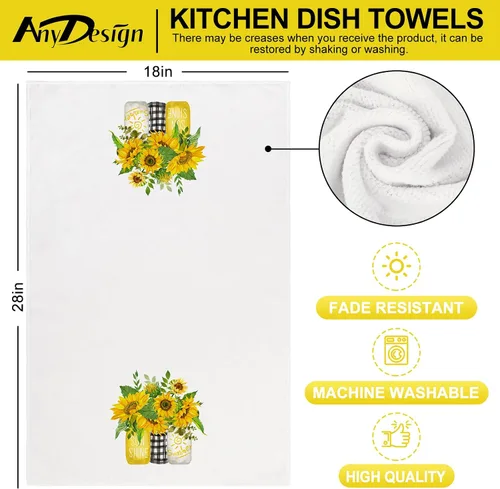 Miniatura 2 de AnyDesign Toalla de cocina de girasol de 18 x 28 pulgadas, paños de cocina Hello Sunshine, toalla de cocina decorativa de verano con flores