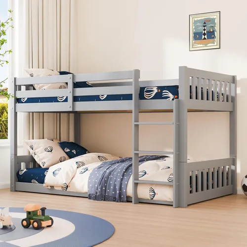 JOYMOR Litera baja de madera maciza individual sobre individual para niños/jóvenes, marco de cama con barandillas y escalera para niños y niñas, no