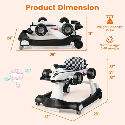 Miniatura 8 de HONEY JOY Andador de bebé 4 en 1, andador de actividad con empuje con 3 alturas ajustables, ruedas suaves con velocidad ajustable, asiento Blanco