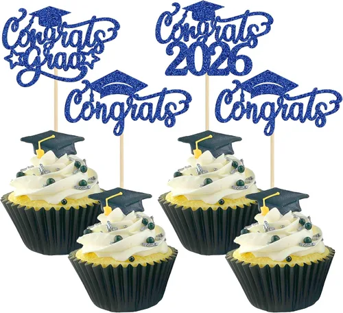 Miniatura 14 de Gyufise 24 piezas de decoración para cupcakes con purpurina para graduación 2026, decoración de pasteles para graduación 2026, decoración de Negro