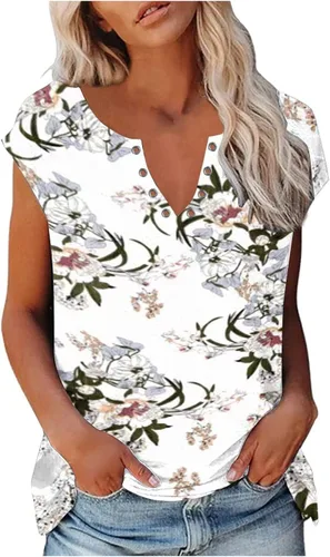 Ceboyel Camiseta casual a rayas para mujer, manga casquillo, cuello en V, camiseta casual, trajes de vacaciones de verano 2023