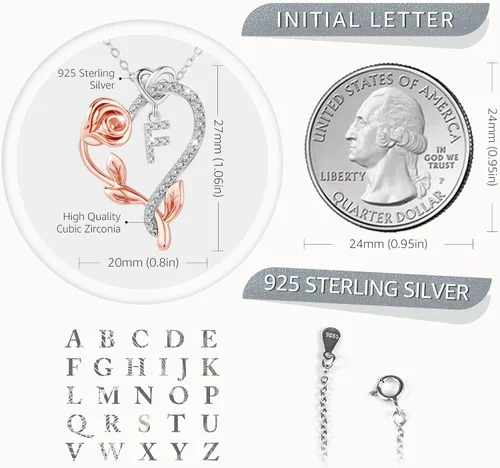 Miniatura 4 de SNZM Initial Necklaces Valentine's Day Mother's Day Gifts for Women-925 Sterling Silver Rose Heart Letter Pendant Necklace with 5A Cubic Zirconia
