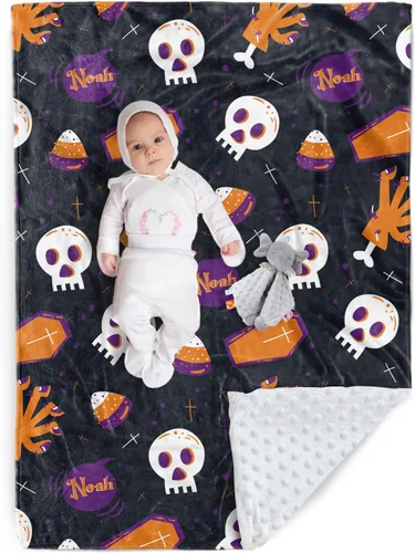 Miniatura 12 de Manta de Halloween personalizada, diseños de dibujos animados con nombre personalizable, manta de franela de felpa suave con respaldo punteado