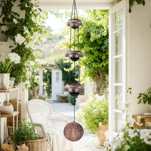 Miniatura 4 de ASTARIN Campanas de viento del Árbol de la Vida para exterior, Campana de viento de templo de cobre rojo con 3 campanas, Campana de viento de cobre