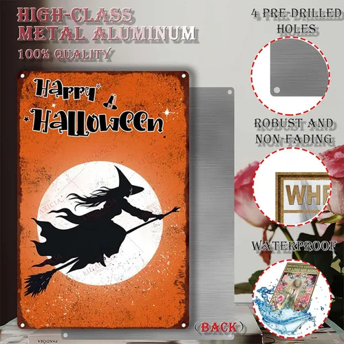 Miniatura 3 de Letrero de hojalata retro con diseño de bruja de Halloween para pared de garaje, pared de taller, 8.00 x 12.00 pulgadas