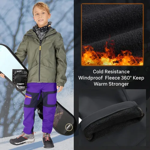 Miniatura 33 de linlon Pantalones impermeables para la nieve para niños y niños, forro polar lind para senderismo, softshell, cálidos, con aislamiento térmico