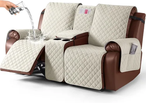 Miniatura 13 de KinCam Funda 100% Impermeable para Loveseat Reclinable con Consola, Fundas Antideslizantes para Sofá Reclinable de 2 Asientos, Funda para Sofá
