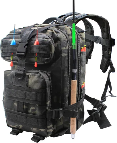 Mochila ligera para aparejos de pesca, resistente al agua, soporte para caña de pescar todo en uno y almacenamiento de equipo negro (C-BLACK)