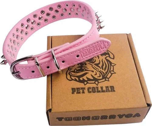 Miniatura 2 de TEEMERRYCA Collares de cuero ajustables con pinchos y tachuelas para perros con una bola chirriante de regalo para mascotas pequeñas, medianas y Rosa