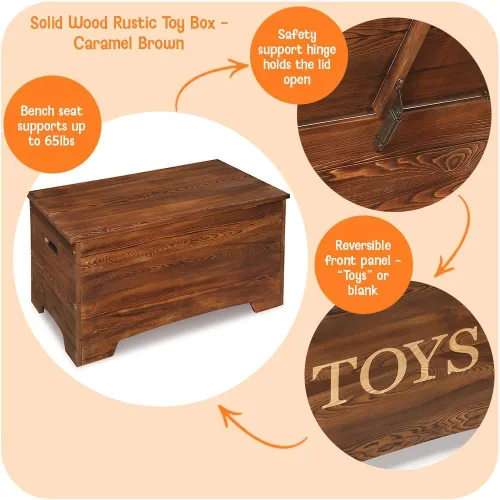 Miniatura 2 de Badger Basket Caja de juguetes rústica de madera maciza con panel reversible de "juguetes", color marrón caramelo