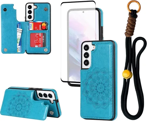 Funda tipo cartera para Galaxy S22 de 6.1 pulgadas con tarjetero y diseño de mandala en relieve de piel sintética con correa para la muñeca, doble