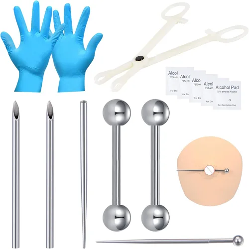 Miniatura 8 de DJCIW Kit de Perforación con Agujas Desechables 12G 14G 16G 18G, Pinzas, Dilatador para Ombligo, Nariz, Tabique, Pezón, Lengua, Ceja, Labio Kit