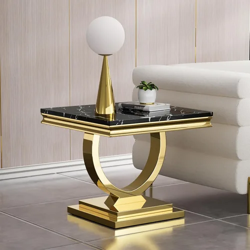 Miniatura 32 de SSLine Mesa de Centro Rectangular de Mármol Sintético para Sala de Estar, Mesa Central Moderna de Mármol Blanco de Lujo con Base Doble en Forma de U