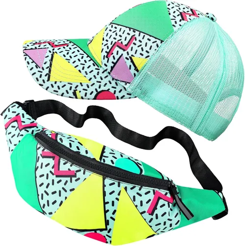 Riñonera de 2 piezas de los años 80 y 90 para mujeres y hombres, traje de Halloween, sombrero de malla de neón, bolsa de cintura ajustable para