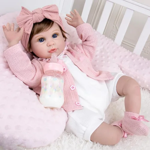 Miniatura 2 de Aori Muñecas realistas de bebé Reborn – Bebé niña realista de 22 pulgadas con biberón y chupete, cuerpo de tela pesada para una sensación realista
