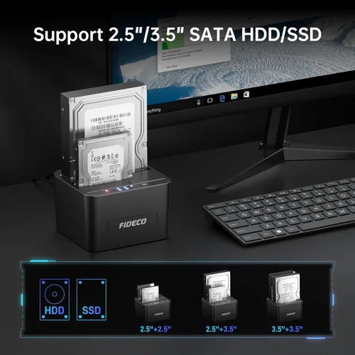 Miniatura 4 de Estación de acoplamiento de disco duro externo FIDECO, base de disco duro para HDD SATA SSD de 2.5 y 3.5 pulgadas, estación de acoplamiento de disco