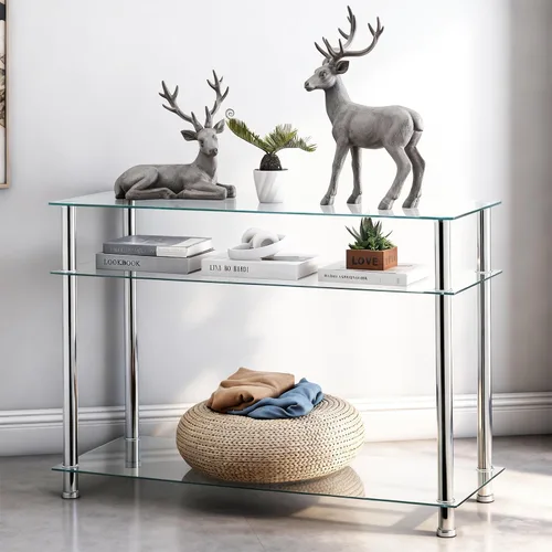 Miniatura 3 de Mesa consola de cristal plateado para entrada, moderna y cómoda mesa de sofá de vidrio de 3 niveles con patas cromadas, sala de estar, pasillo