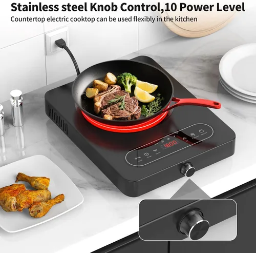 Miniatura 5 de VBGK Cocina eléctrica de un solo quemador, 110 V 1800 W con controles táctiles LED y controles de perilla, 10 niveles de potencia, temporizador de 4