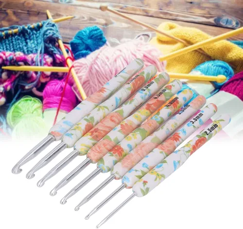 Miniatura 2 de Juego de 8 ganchos ergonómicos de ganchillo, kit de ganchos de ganchillo de aluminio colorido con diseño floral amarillo para tejedores