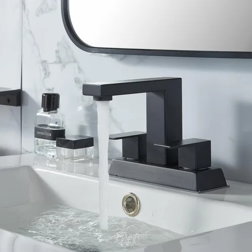 KINGO HOME Grifo central de baño negro de 2 asas, grifo de lavabo de baño negro mate de 4 pulgadas, grifos de tocador modernos para fregadero, grifo
