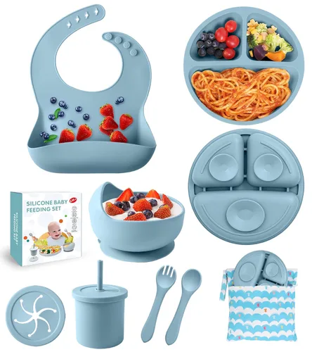 Juego de alimentación de bebé de silicona, 10 piezas de suministros de destete LED para bebés, juego de artículos esenciales para comer con ventosa,