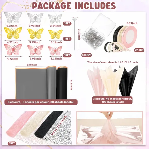 Miniatura 2 de Qilery Juego de 334 piezas de papel de regalo de flores, 153 papel de regalo de ramo floral impermeable, 72 decoraciones de mariposas doradas 3D