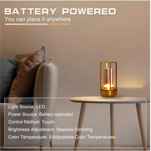 Miniatura 5 de Lámpara de Mesa Pequeña, Lámpara LED Recargable Inalámbrica Operada por Batería, Lámpara de Noche Ajustable de 3 Temperaturas de Color para Sala