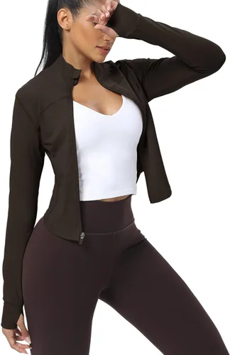 Miniatura 36 de AVGO Chaquetas de entrenamiento recortadas para mujer, con cremallera, ajustadas, atléticas, con agujeros para el pulgar