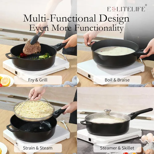Miniatura 6 de ESLITE LIFE Sartén antiadherente Always con tapa, sartén de 11 pulgadas (4.5 Qt) para freír en profundidad y saltear, segura para horno, inducción