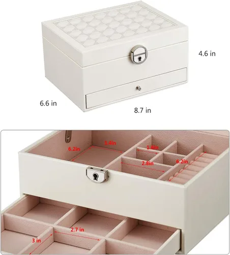 Miniatura 3 de goldwheat Joyero organizador de cuero de dos capas con espejo de cerradura para mujeres y niñas, estuche de viaje, almacenamiento de exhibición
