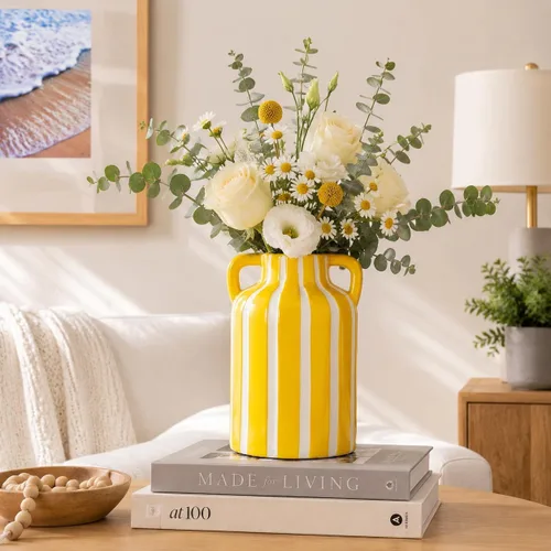 Miniatura 8 de Jarrón de cerámica amarillo y blanco con asas, jarrón floral a rayas para decoración del hogar, flores para cocina, estantería, manto, decoración