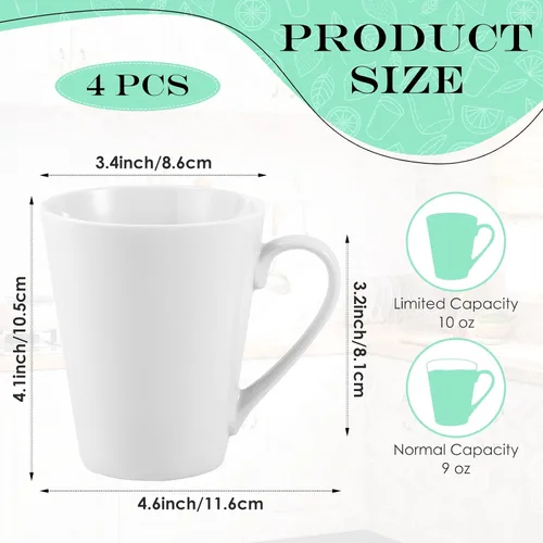 Miniatura 2 de Juego de tazas de café de 10 onzas, 4 tazas de café de cerámica blanca lisa, tazas de porcelana con asa, taza en forma de V para café con leche