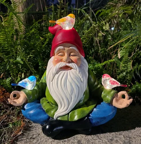 Miniatura 7 de Gnomo alimentado por energía solar con sombrero rojo y 3 pájaros, adorno de jardín de resina con luz LED, estatua de decoración al aire libre