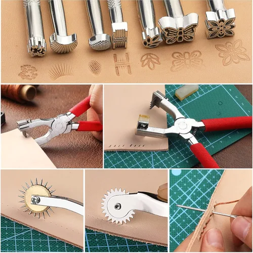 Miniatura 6 de 273 piezas de herramientas y suministros para trabajo en cuero con caja de herramientas de cuero, tapete de corte, martillo, agujas de estampado