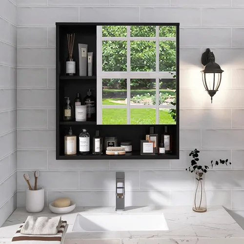 Miniatura 2 de SMIBUY Armario de espejo de baño montado en la pared, botiquín de bambú para ahorrar espacio, gabinete de almacenamiento para colgar en la pared