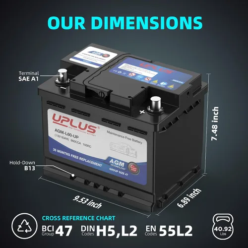 Miniatura 2 de UPLUS BCI Group 47 - Batería de coche AGM-L60-UP sin mantenimiento, 12 V 60 Ah AGM, batería automotriz H5 L2, 660CCA, 105RC, 375LN2-MF