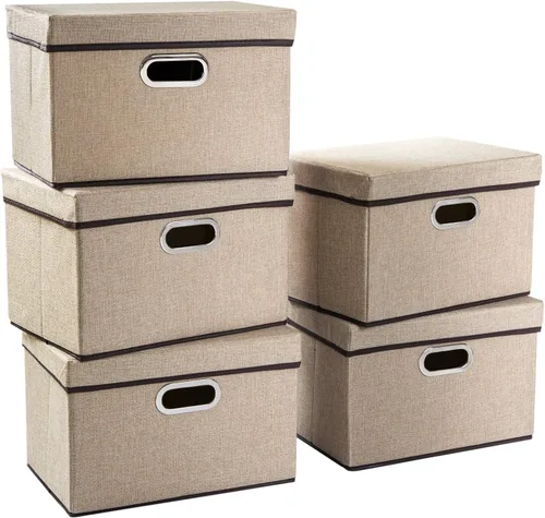 Miniatura 9 de PRANDOM Contenedor de almacenamiento plegable con tapa [1 unidad] Caja de almacenamiento decorativa de tela de lino, cesta organizadora con asas