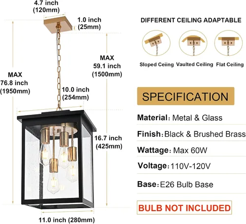 Miniatura 46 de TODOLUZ Lámpara Colgante de Exterior de 3 Luces Negra, Linterna Colgante Exterior Ajustable Luz de Porche