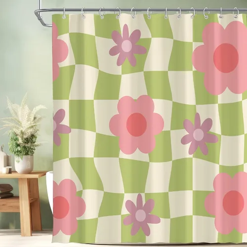 Miniatura 45 de Cortina de ducha pequeña para casa rodante, tamaño medio, estilo retro de los 70, con flores bonitas, estética abstracta de margaritas, decorativa