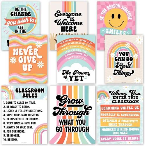 Hadley Designs Póster motivacional para decoración de aula, 9 pósteres de aula de mentalidad de crecimiento, decoración de pared inspiradora,