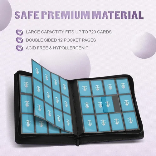 Miniatura 2 de Carpeta con cremallera de 12 bolsillos para 720 tarjetas, bolsillos laterales seguros para carga, carpeta de álbum de tarjetas intercambiables
