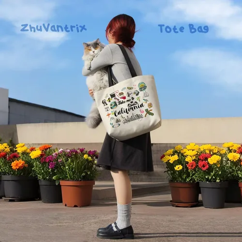 Miniatura 6 de Take Me To California - Bolsa reutilizable para comestibles, bolsa de compras estética con bolsillo interior, ligera y lavable, elegante, regalo