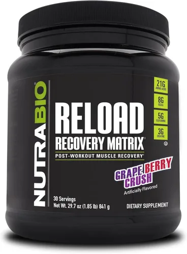 NutraBio Reload - Potente fórmula de recuperación muscular - Suplemento después del entrenamiento - Creatina 3G - 8G BCAAs - Glutamina 5G - 30