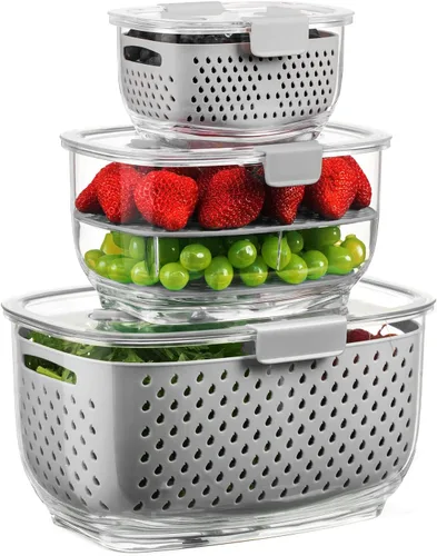 Miniatura 10 de LUXEAR Juego de 3 unidades de contenedores de almacenamiento de frutas y vegetales frescos, contenedor de almacenamiento de refrigerador sin BPA