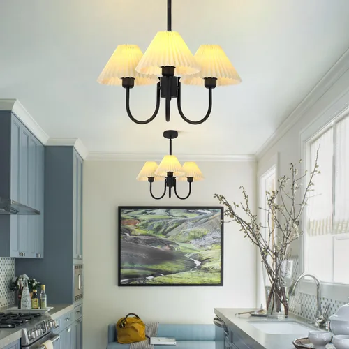 Miniatura 5 de KCO Lighting Lámpara Colgante Plisada Vintage de 3 Luces Araña de Techo con Pantallas de Lámpara Pequeña Araña de Tela Negra y Blanca para Sala