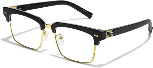 IGnaef Gafas de bloqueo de luz azul con montura cuadrada unisex de media montura antifatiga ocular y deslumbramiento UV IF1233 C01 oro negro