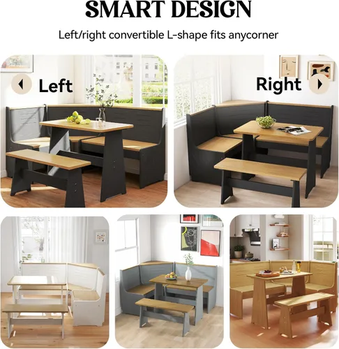 Miniatura 7 de Breakfast Nook - Juego de sillas de banco de cocina, mesa de comedor esquinera, ahorro de espacio, asiento reversible en forma de L para 3-5 Madera
