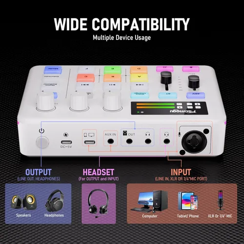 Miniatura 5 de Facmogu Mezclador de audio G9, mezclador de PC RGB de transmisión con interfaz de micrófono XLR, atenuador de volumen, botón de silencio